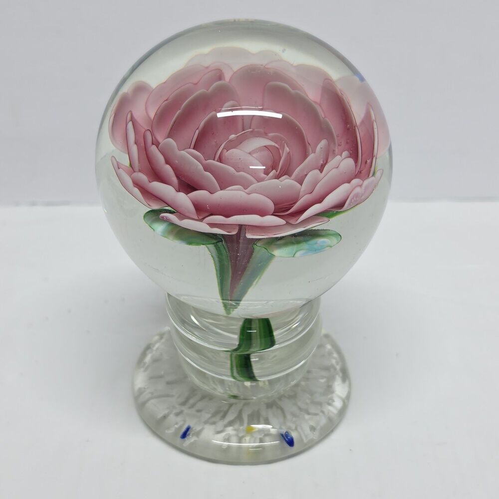 Hand Blown Large Milville Style Crimped Pink Rose Glass Pedestal Paperweight